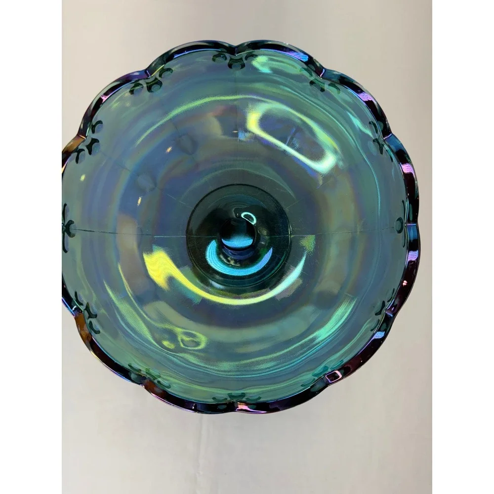 Vtg Iridescent Blue Carnival Glass Compote Scalloped Pedestal Candy Dish 7.25